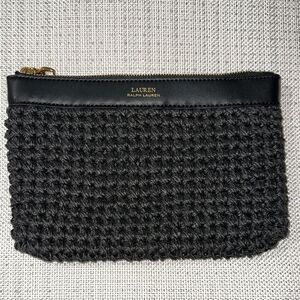 LRL Black Gold Tone Raffia Paper Straw Woven Faux Leather Clutch